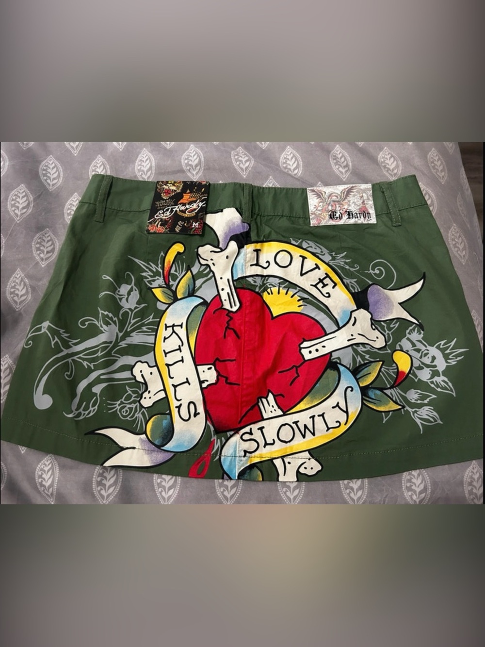 Y2K Ed Hardy Green skirts with Red Heart Tattoo Graphic